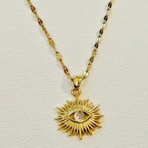 Gold tone evil eye pendant stainless steel necklace 18”